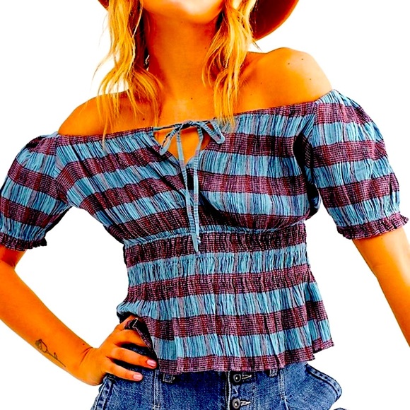 FREE PEOPLE VIVI COTTON CROPPED SMOCKED STRIPED CROP TOP IN BLUE/RED SZ. S , L - Picture 2 of 16
